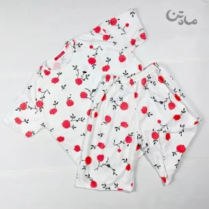 ست تیشرت وشلوارک زنانه نخ پنبه طرح گل قرمز 3
